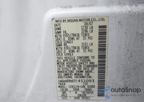 2007 Nissan Frontier Se from USA, damaged, VIN 1N6AD09U07C451093